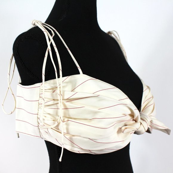 Orseund Iris Cha Cha Ivory Red Stripe Pleated Poplin Tie Front Bra Top NEW L - Picture 2 of 9